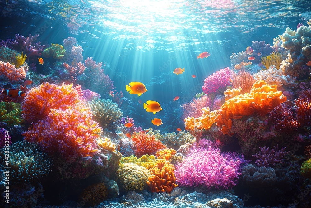 Naklejka premium A Vibrant Coral Reef Scene Underwater With Sun Rays