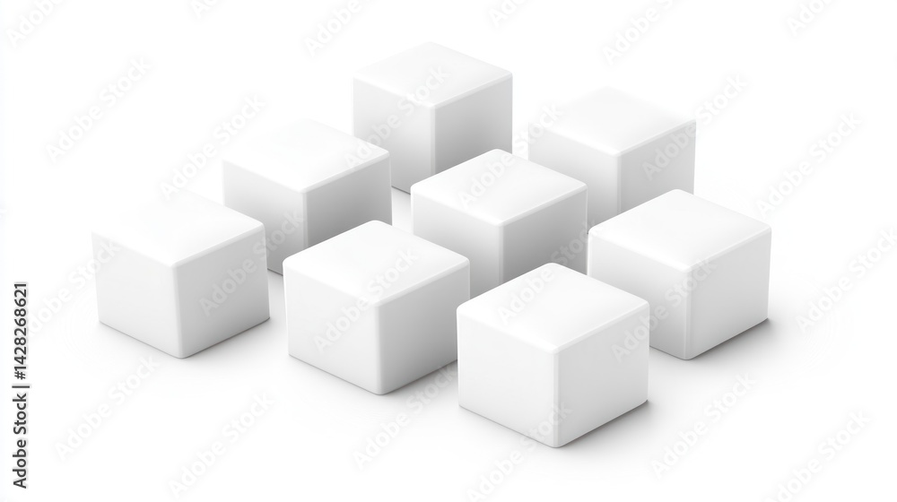 Eight white cubes arranged in a diagonal pattern on a white background Eight white cubes arranged in a diagonal pattern on a white background