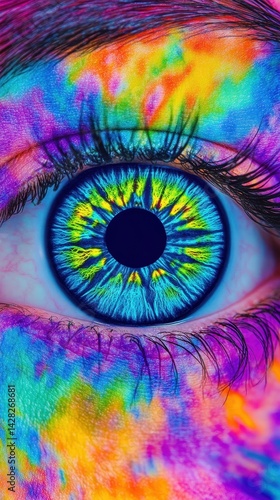 Vibrant eye with colorful face paint.