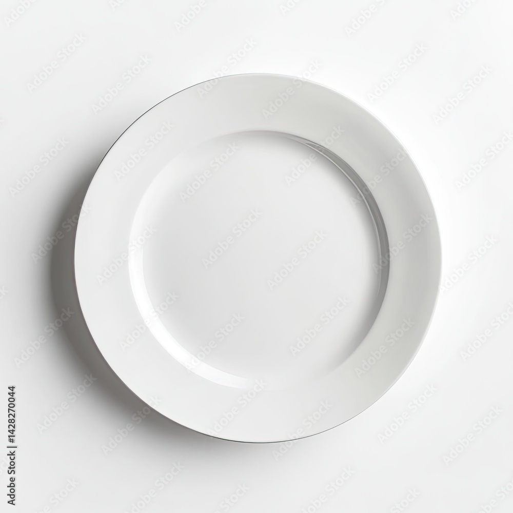 Top view of a single, empty, white dinner plate on a white background. (1) Top view of a single, empty, white dinner plate on a white background. (1)