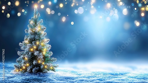 Snowy Christmas tree, night lights, winter scene, holiday card