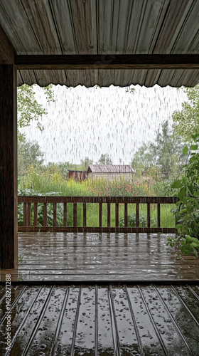 Summer rain creates a tranquil atmosphere on the porch roof of a dacha, surrounded by lush greenery and distant cottages