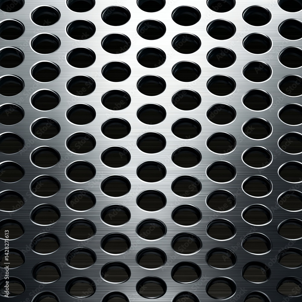 Close-Up of a Textured Metallic Surface with Circular Holes, Showcasing Modern Design and Industrial Aesthetics in a Reflective Steel Finish Close-Up of a Textured Metallic Surface with Circular Holes, Showcasing Modern Design and Industrial Aesthetics in a Reflective Steel Finish
