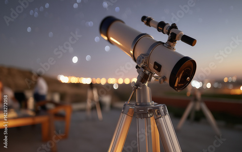 A space lover sets up an advanced black telescope on a wooden tripod on the rooftop, aimed at the starry night sky to capture distant stars and objects, exploring the galaxy with a sense of wonder.