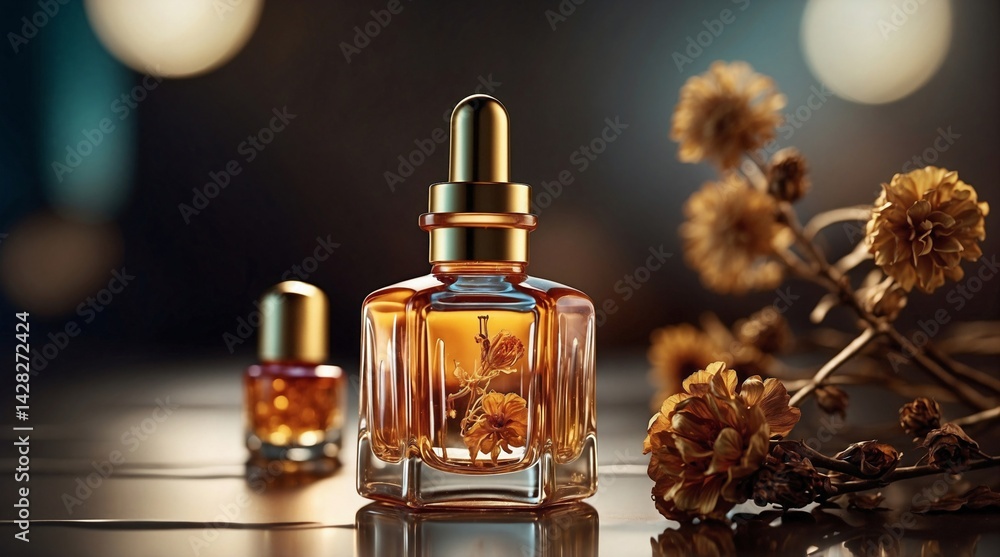 Amber Glass Bottle with Gold Dropper in Studio Setting Amber Glass Bottle with Gold Dropper in Studio Setting
