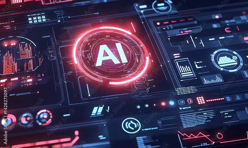 A futuristic and high-tech background with glowing neon text AI on a computer chip, surrounded by various data charts, graphs, and icons representing artificial intelligence technology. A futuristic and high-tech background with glowing neon text AI on a computer chip, surrounded by various data charts, graphs, and icons representing artificial intelligence technology.