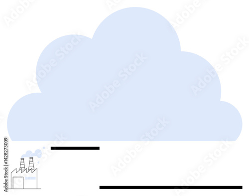 Factory emitting smoke under a large cloud, highlighting pollution and environmental issues. Ideal for climate change, sustainability, industrial impact, clean energy, awareness, environmental