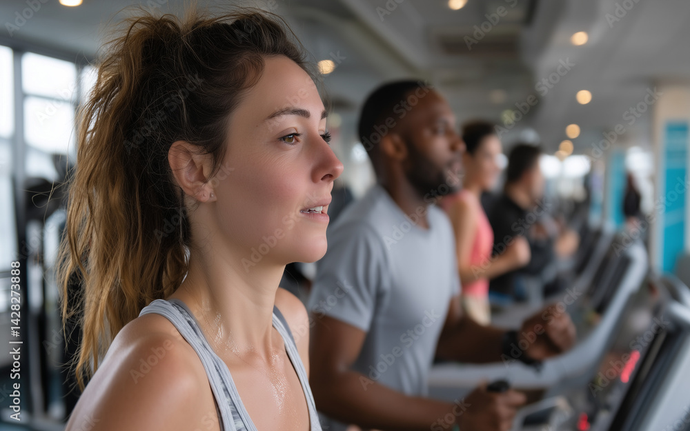 A fit person is jogging and sweating on a treadmill in gym, with others exercising in the background, showing active fitness lifestyle. Great cardio workout for stress relieved and health improved. A fit person is jogging and sweating on a treadmill in gym, with others exercising in the background, showing active fitness lifestyle. Great cardio workout for stress relieved and health improved.