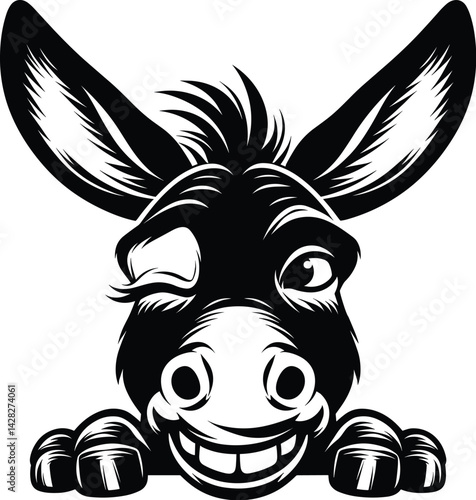 Winking Donkey Face Peeking Silhouette Vector