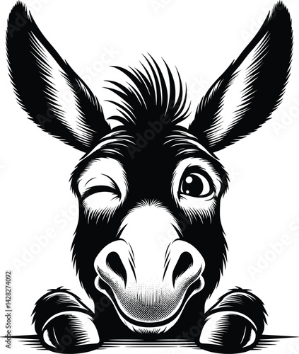 Winking Donkey Face Peeking Silhouette Vector