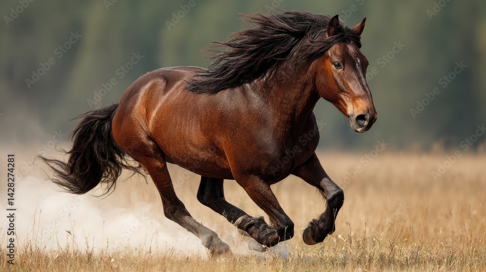 Obraz premium Powerful brown horse galloping across a field.
