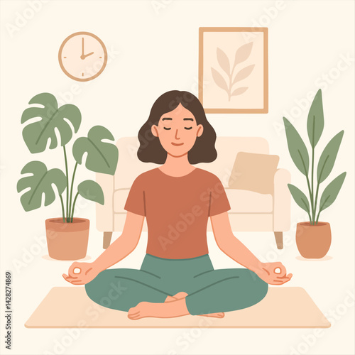 Woman meditating peacefully at home in a zen atmosphere