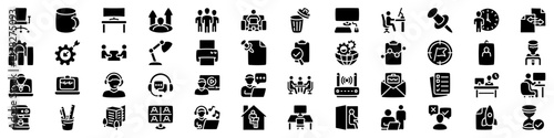 Workplace and office icons set. Silhouette style.