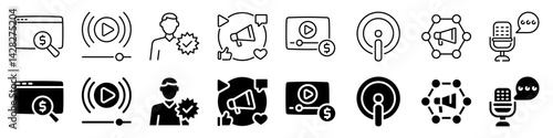 Online advertising and video content icon set. Linear and silhouette style.