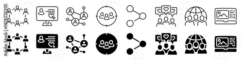 Social network and online community icon set. Linear and silhouette style.