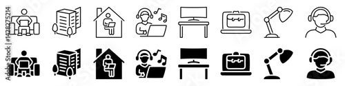 Remote work and home office icon set. Linear and silhouette style.