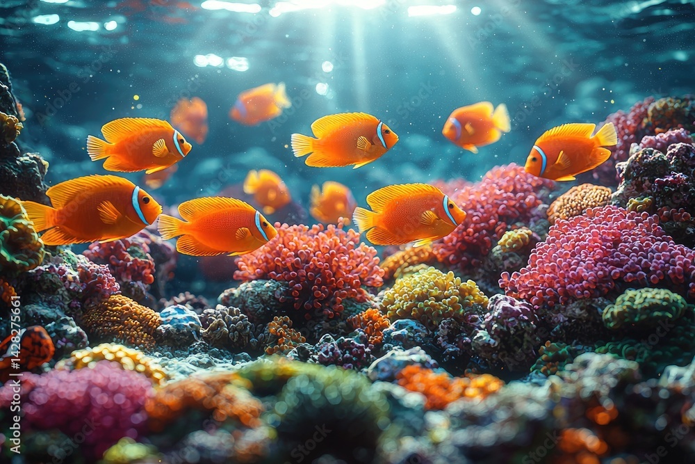 Fototapeta premium Beautiful underwater scene featuring swimming fish and colorful coral