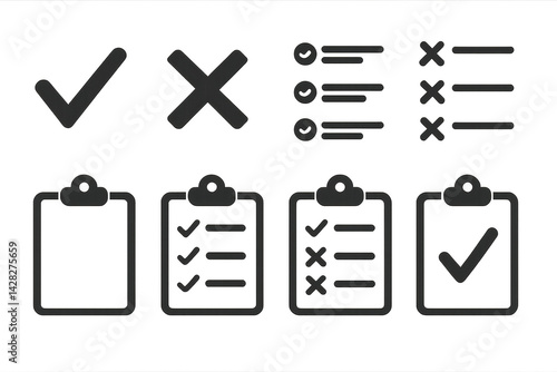 Icon Set of Check Marks and Crosses with Clipboard Illustrations