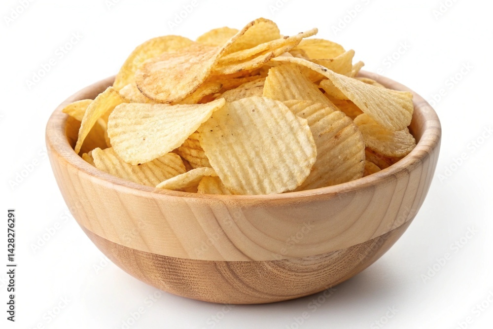 Crispy Golden Potato Chips: A Delicious Top-Down View in Rustic Wooden Bowl, Isolated on Pure White Background. Perfect for food blogs, packaging, and culinary websites. High-resolution image ideal