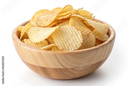 Obraz na płótnie Crispy Golden Potato Chips: A Delicious Top-Down View in Rustic Wooden Bowl, Isolated on Pure White Background. Perfect for food blogs, packaging, and culinary websites. High-resolution image ideal w salonie