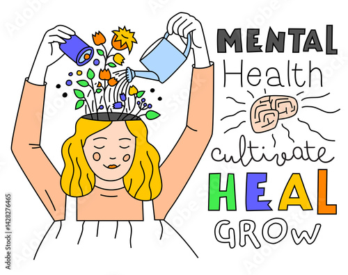 Woman hands wattering  flowers  growing from the brain.