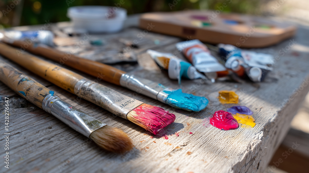 Fototapeta premium A painter’s palette with vivid oil paint smears and worn paintbrushes rests on a rustic table, bathed in natural light. The scene captures a creative mess, evoking an artistic and inspiring atmosphere