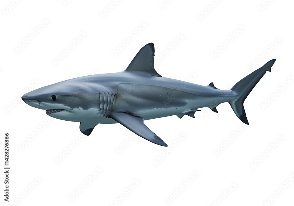 Fototapeta premium Great White Shark Swimming on Isolated White Background