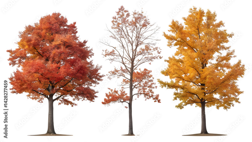 Fototapeta premium Autumn Pin Oak Trees Isolated on Transparent Background – Quercus Palustris Cutout PNG Set