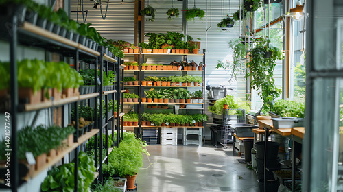 Interior of a bright plant shop or urban farm filled with shelves of various green potted plants and herbs. Concept for gardening, houseplants, sustainable business, horticulture.

