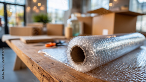 A sheet of clear and bumpy texture of bubble wrap lies partially unrolled on a packing table, with cardboard boxes and scissors, for product shipping, house or office moving use.