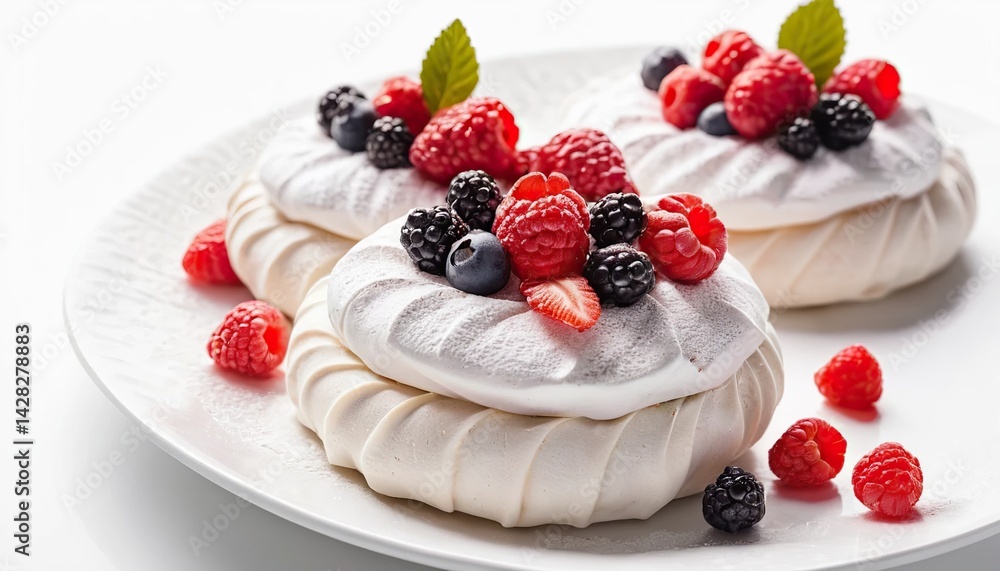 Meringue roll, meringue, decorated with berries, drizzled with yellow syrup, decorated with mint leaves, on a white background. Dessert. Advertising for posters, posters, billboards, calendars Meringue roll, meringue, decorated with berries, drizzled with yellow syrup, decorated with mint leaves, on a white background. Dessert. Advertising for posters, posters, billboards, calendars