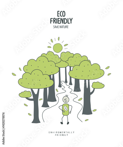 Vector hand drawn cartoon sketch of person walking in ecologically clean forest. Save environment rescue the forests. Plant the tree. Stop deforestation.