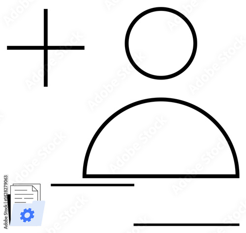 Plus sign, user profile outline icon, gear on document stack suggest profile creation, customization, file management. Ideal for onboarding, setting up apps, accounts, user experience flows