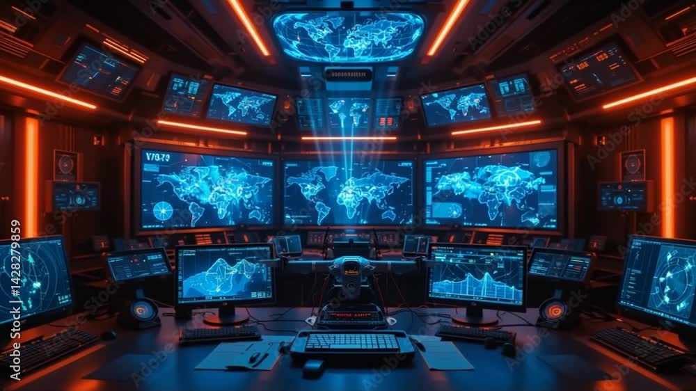 Advanced global network operations center, managing real time data on multiple screens Advanced global network operations center, managing real time data on multiple screens