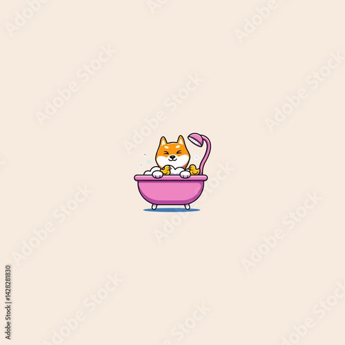 Cute Shiba Inu Bathing Shower In Bathtub Cartoon icon flat vector design.