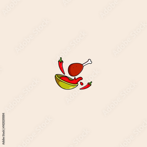 Fried chicken drumstick with red hot chili sauce cartoon icon flat vector design.