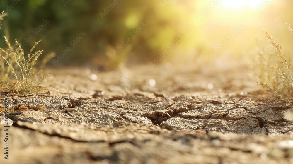 Sunlit Cracked Earth, Sparse Vegetation, Drought Texture Sunlit Cracked Earth, Sparse Vegetation, Drought Texture