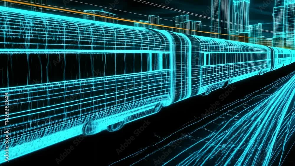 Futuristic bullet train traveling at high speed through a digital city. Wireframe animation of modern public transportation against cyber cityscape backdrop video. Futuristic bullet train traveling at high speed through a digital city. Wireframe animation of modern public transportation against cyber cityscape backdrop video.