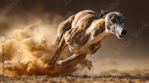 Agile greyhound in full sprint, leaving a cloud of dust.
