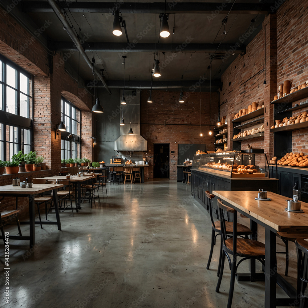 industrial bakery interior showcasing wooden table with bread and pastries and minimalist wooden chairs set against rustic brick wall premium cafe and kitchen interior design industrial bakery interior showcasing wooden table with bread and pastries and minimalist wooden chairs set against rustic brick wall premium cafe and kitchen interior design