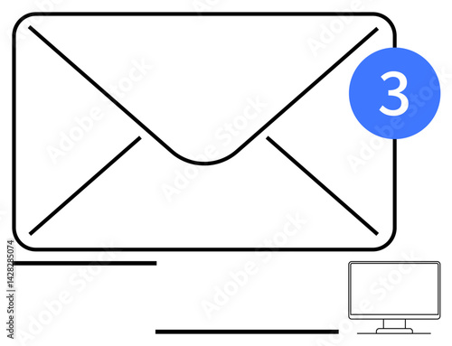 Envelope with unread email count in a blue badge, accompanied by a minimal desktop computer line drawing. Ideal for communication, technology, email alerts, updates, notifications, messaging, simple
