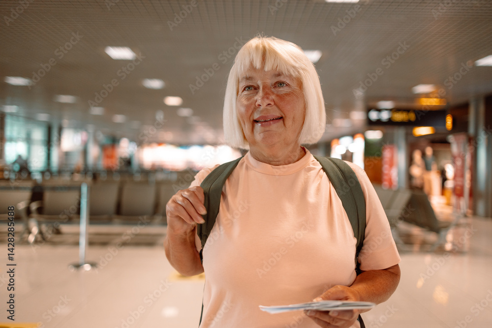 Happy blonde hair Elderly female tourist with a backpack with a passport while waiting for the passport check of the tourist at the airport. High quality photo
