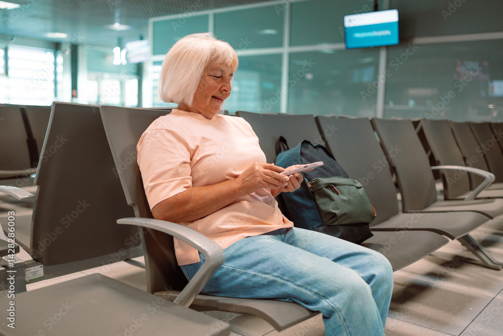 A cropped image of a senior Caucasian female tourist is holding her smartphone and passport, checking her flight information on her phone while sitting at a waiting seat in the airport terminal.