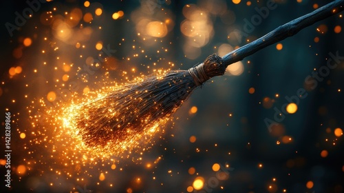 A mystical broomstick surrounded by glowing sparks, evoking the enchanting atmosphere of magic and fantasy.