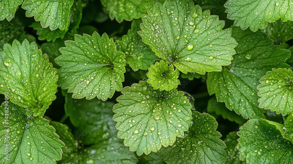 Lush Green Leaves with Dew Drops Captured in Close Up Lush Green Leaves with Dew Drops Captured in Close Up