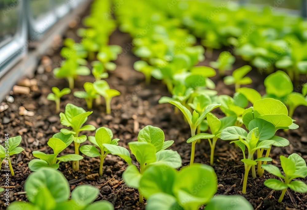 Tiny vibrant green cabbage sprouts emerging in a glasshouse setting, greenhouse, farm Tiny vibrant green cabbage sprouts emerging in a glasshouse setting, greenhouse, farm