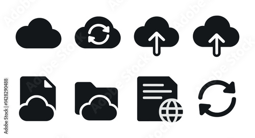 Cloud computing solid icons set – filled style data storage, file sharing, and sync symbols: cloud, upload, download, folder, document, sync, network.