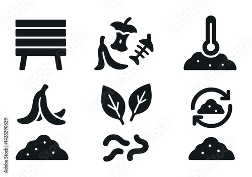 Eco composting solid icons set – filled style recycling, sustainability, and zero waste symbols: bin, compost, thermometer, leaves, banana peel, fishbone, worms, cycle.