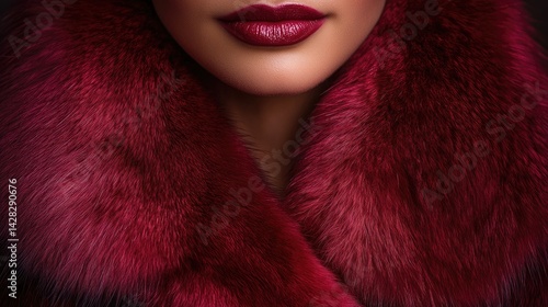 Close-up of a woman’s lips and luxurious fur collar in deep burgundy tones, conveying elegance and sophistication in fashion aesthetics.