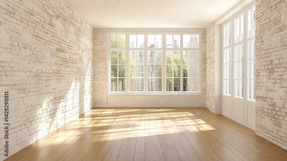 Fototapeta premium Bright, empty room with large windows and wooden flooring, ideal for interior design.